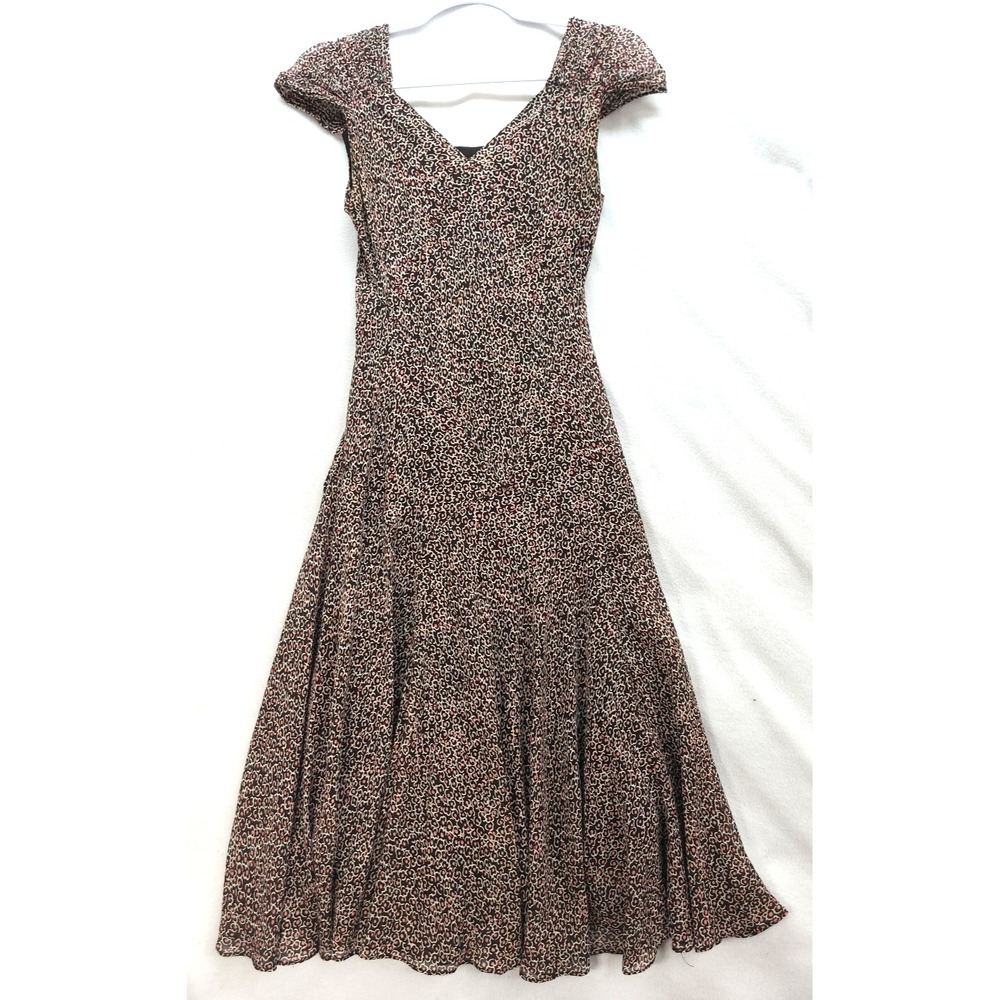 Talbots Brown and Black Micro-Print V-Neck Long Sleeve Maxi Dress